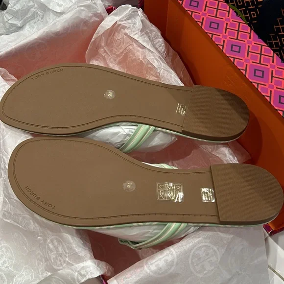 Tory Burch Medal Miller Flat Sandals New Ivory/ Meadow Mist 101 - Picture 3 of 5